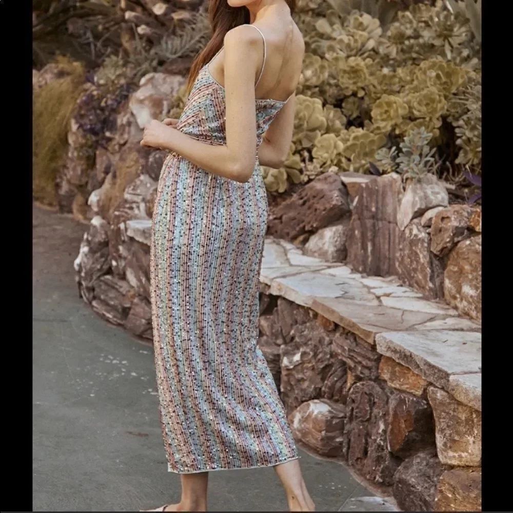 Revolve x SAYLOR Indiana Rainbow Sequin Cocktail Midi Dress in Multi Medium NEW